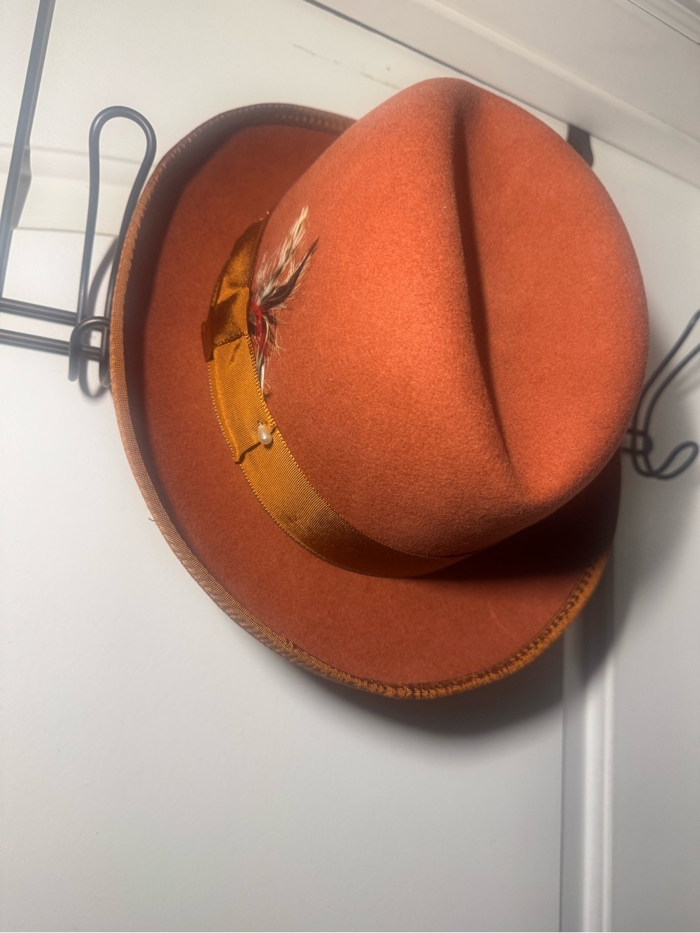 Men's Burnt Orange Fedora Hat with Feather Trim